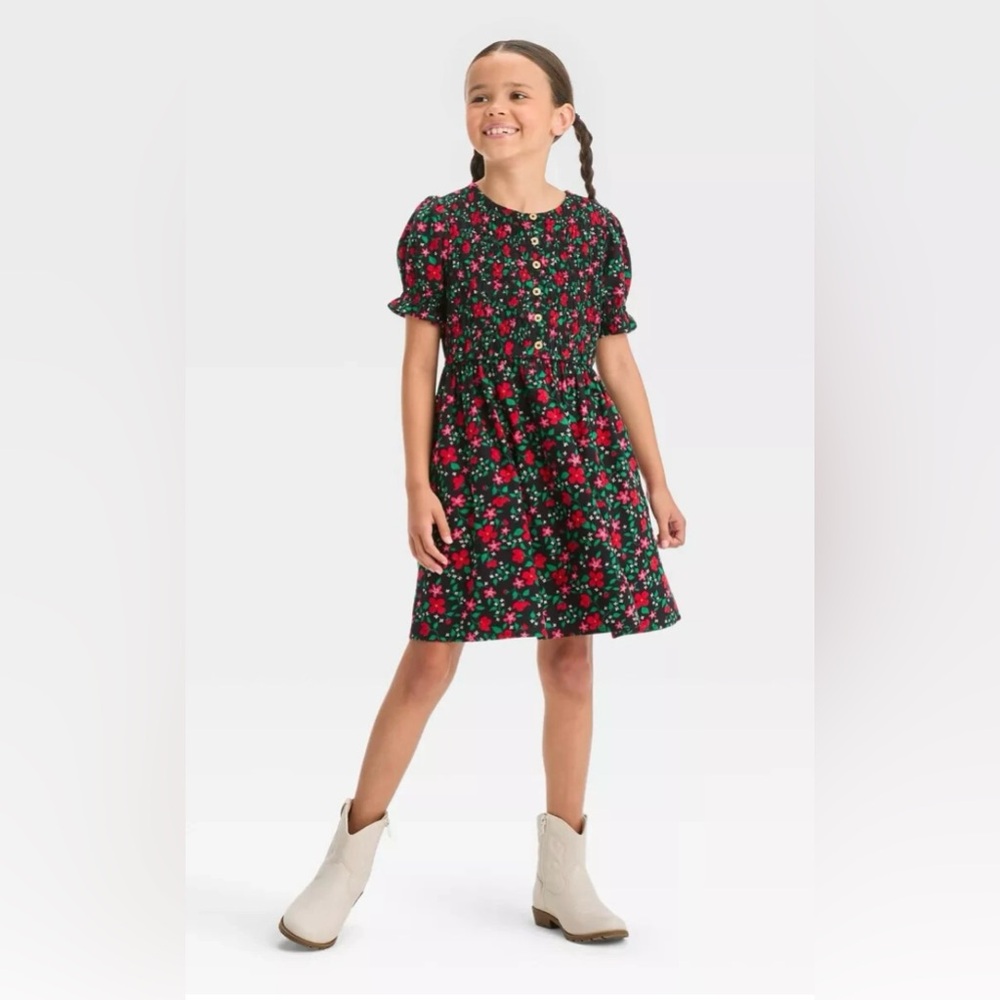 Floral Kids Dress - Black and Red